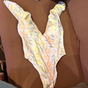 Floral V-Neck One-Piece Swimsuit in Pastel Yellow & Pink